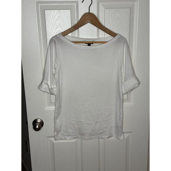 lauren ralph lauren white boat neck cuff sleeve cotton stretch top size large - Picture 2 of 6
